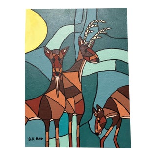 Contemporary Original Outsider b.d. Floyd Folk Art Deer Painting “Grazing in the Moonlight” For Sale