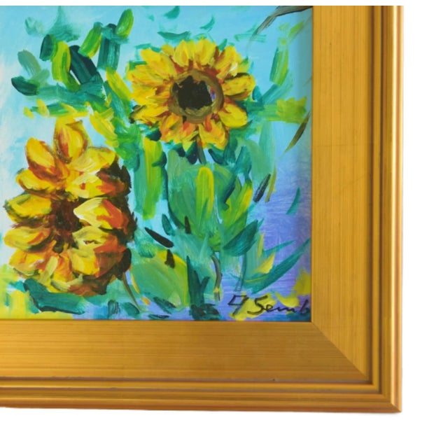 Yellow sunflowers flowers floral impressionist landscape oil painting on artist stretched canvas. Illegible signature...