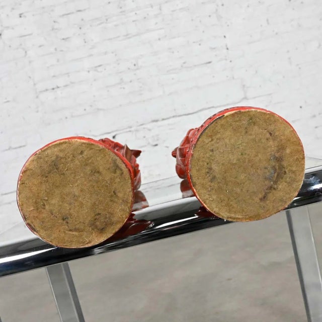 Vintage Asian Style Chinoiserie Faux Cinnabar Large Red Decorative Statues Male & Female For Sale - Image 12 of 13