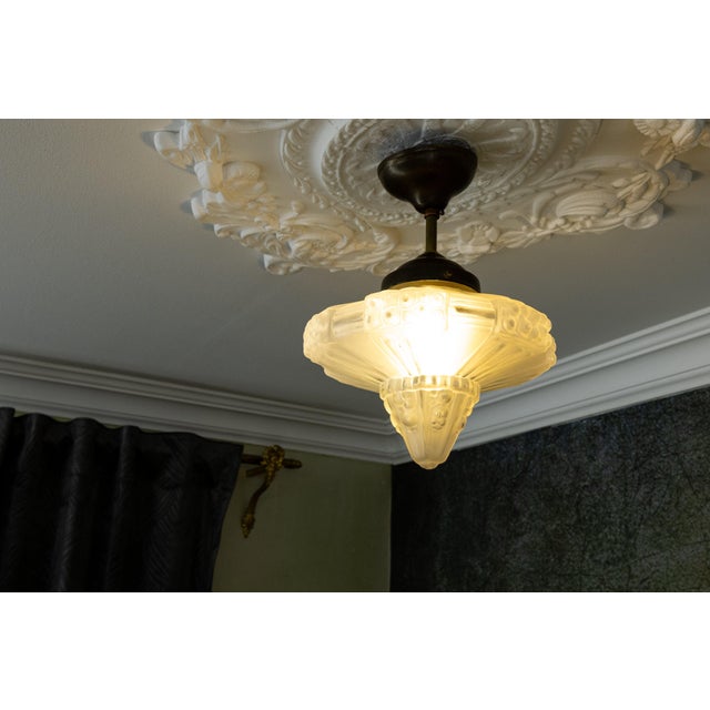 Art Deco French Frosted White Glass and Brass Ceiling Light, 1930s For Sale - Image 4 of 18