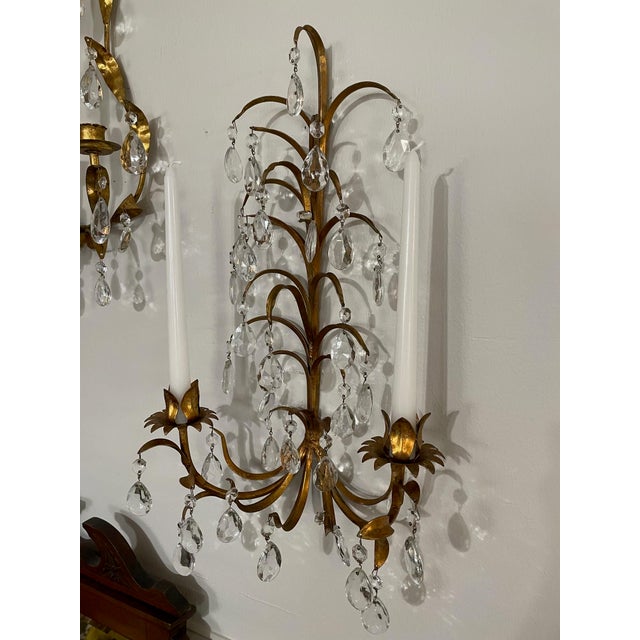 Vintage 19.5" Italian Tole and Crystals Candle Sconces - A Pair For Sale - Image 15 of 17