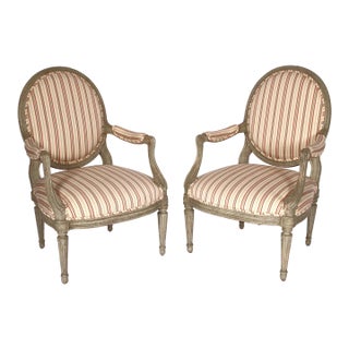 Pair of Minton Spidel Louis XVI Style Grisaille Painted Armchairs For Sale