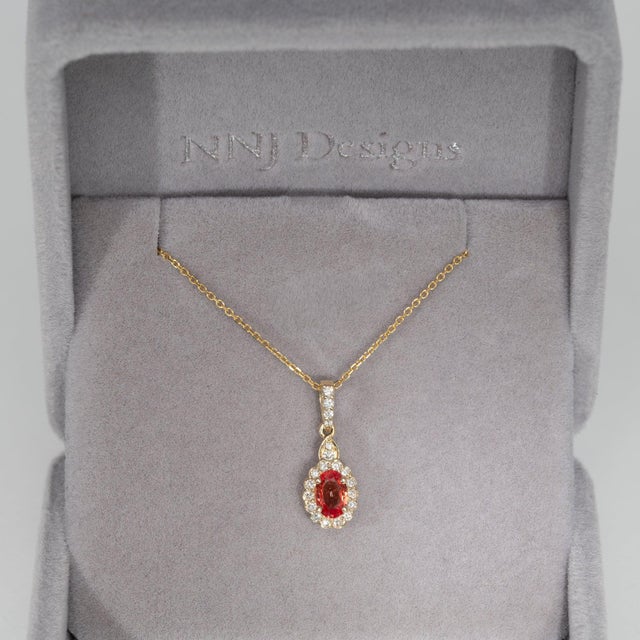 Contemporary Aaa Padparadscha Sapphire Pendant With Natural Diamonds: Solid 14k Gold, 6x4mm For Sale - Image 3 of 7