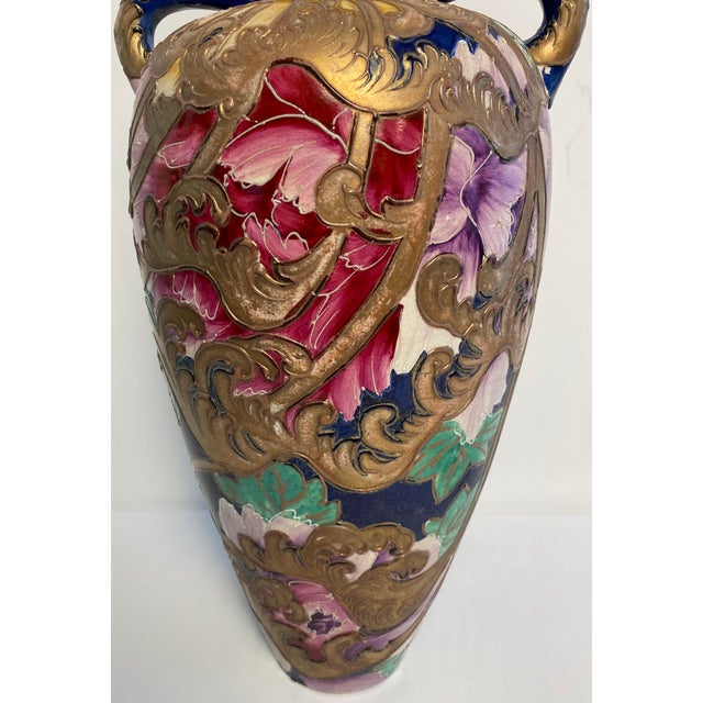 Antique Japanese Satsuma Style Moriage Cobalt Blue Floral Double Handle Vase For Sale - Image 9 of 9