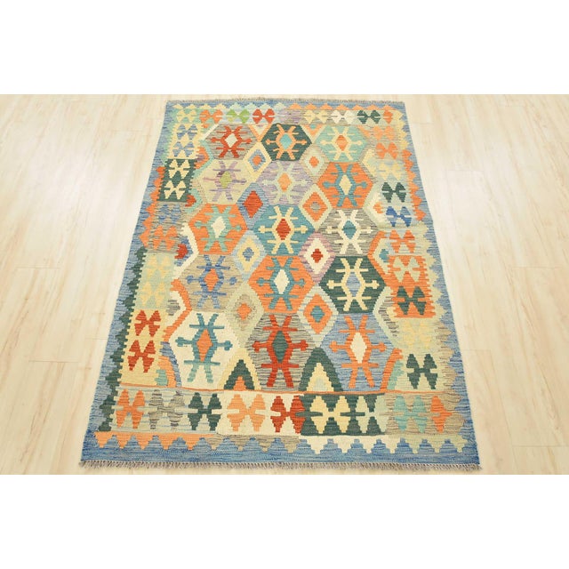 Tribal Kilim Rug 4’2” X 5’10” Multicolor Wool Tribal Handwoven Oriental Carpet For Sale - Image 3 of 12