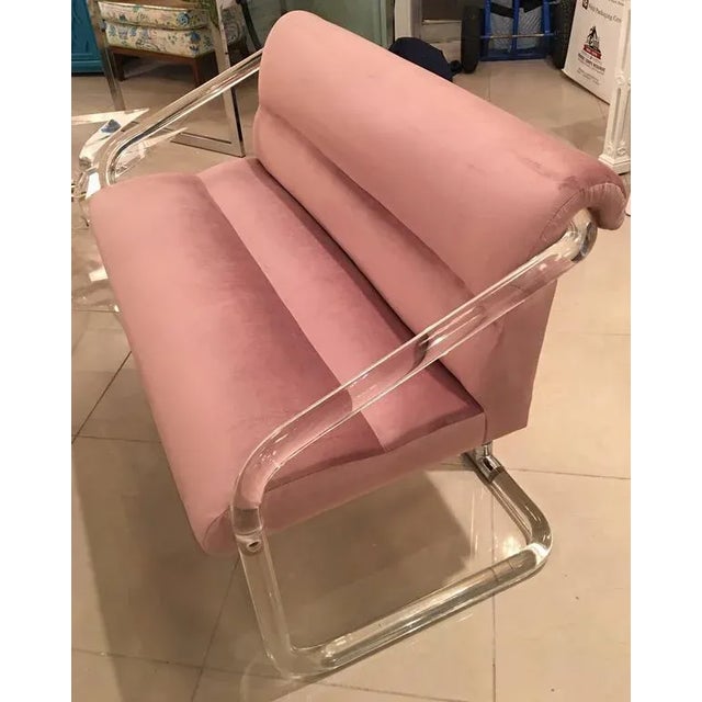 Lavender Velvet Lucite Chrome Settee Bench Signed Lion in Frost For Sale - Image 9 of 12