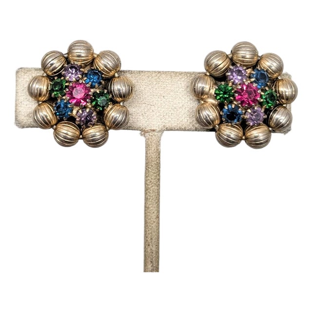 Vintage 1960s Signed Weiss Goldtone Faux-Ruby, Amethyst, Sapphire & Emerald Clip Earrings-2 Pieces For Sale