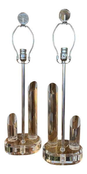 Vintage Geometric Lucite Table Lamps Chrome Newly Wired -A Pair