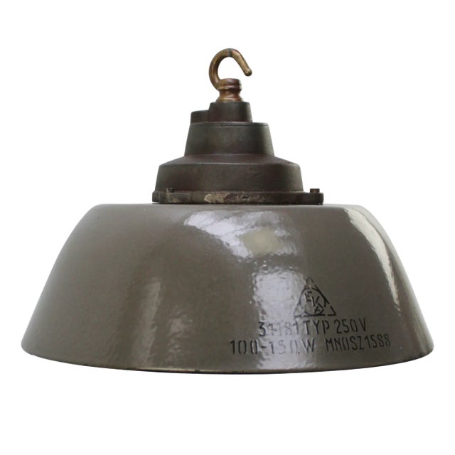 Vintage Industrial Brown Enamel, Cast Iron and Brass Pendant Light For Sale