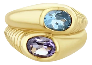 Amethyst & Blue Topaz Bypass Ring 14k Yellow Gold, Size 5