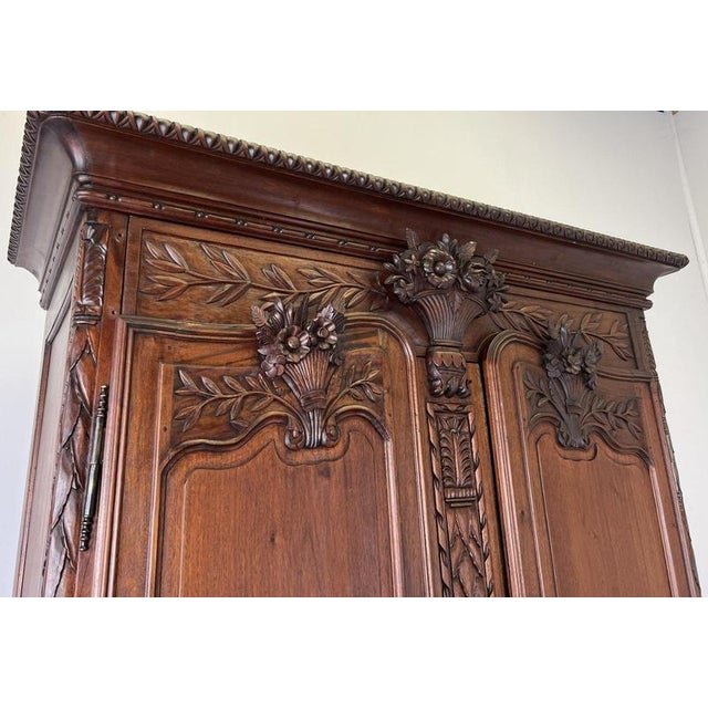 Vintage French Louis XVI Style Carved Walnut 2-Door Wardrobe For Sale - Image 5 of 18
