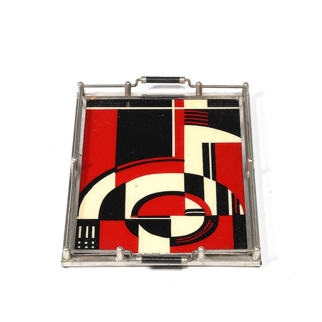 Documented Art Deco Spiral Cubist Eglomise White, Cream & Black Detailed Tray For Sale In New York - Image 6 of 10