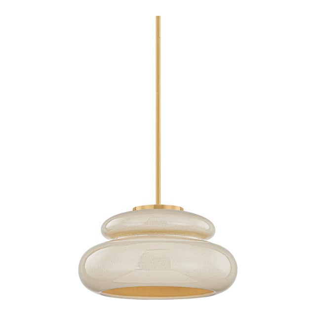 Mitzi Pia 16 in. 1 Light Pendant in Aged Brass and Ceramic Butter Crackle Finish For Sale