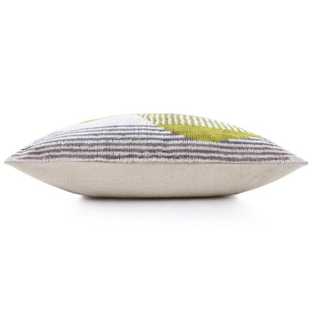 2020s Luxury Silk Velvet Pillow 16x24 – Handmade Green & Gray Geometric Lumbar Cushion For Sale - Image 5 of 8