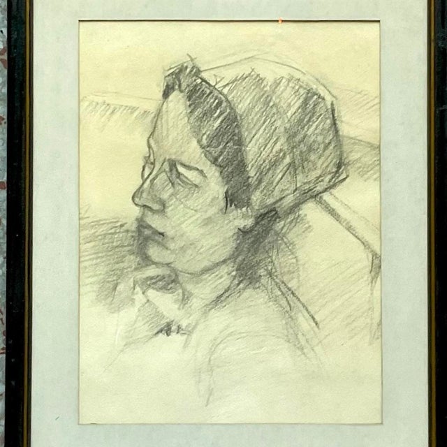 Mid 20th Century Vintage Pencil Sketch of Woman in Hat For Sale - Image 11 of 13
