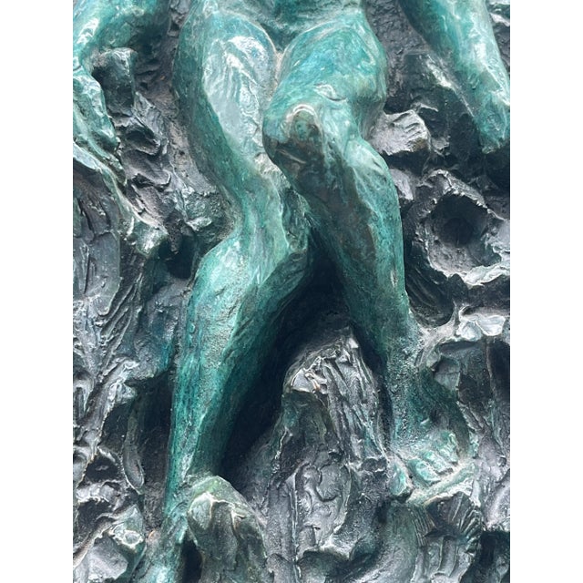 Bronze Artist Signed Bronze Wall Hanging Sculpture of Nude Woman on a Wooden Frame Circa 1990 For Sale - Image 8 of 11