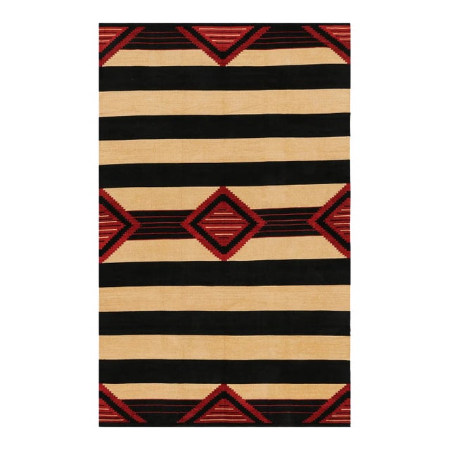 Rug & Kilim’s Contemporary Dhurrie Rug in Black and Red Medallions and Stripes For Sale