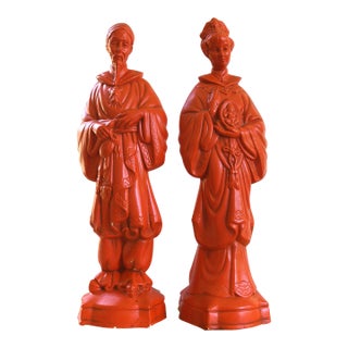 Pair of Vintage Orange/Vermilion Chalkware Emperor and Empress Statues From the Personal Collection of Artist Tawny Chatmon For Sale