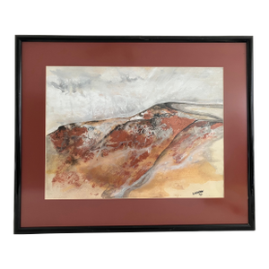 Large Abstract Watercolor Landscape With Copper Pigment by Wubben, 1990 – Framed Modern Art