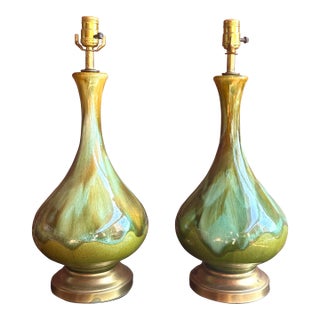 Pair of Mid Century Drip Glaze Pottery Lamps For Sale