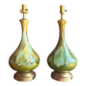 Pair of Mid Century Drip Glaze Pottery Lamps