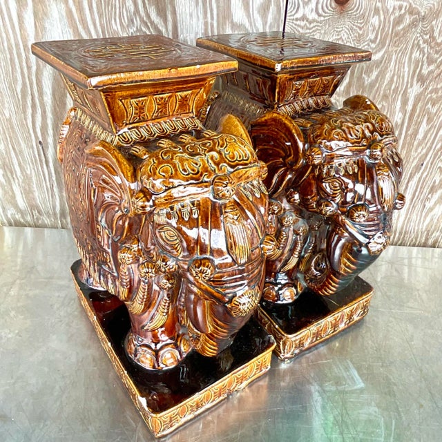 Burnt Umber Vintage Coastal Glazed Ceramic “Root Beer” Elephant Garden Seats - a Pair For Sale - Image 8 of 10