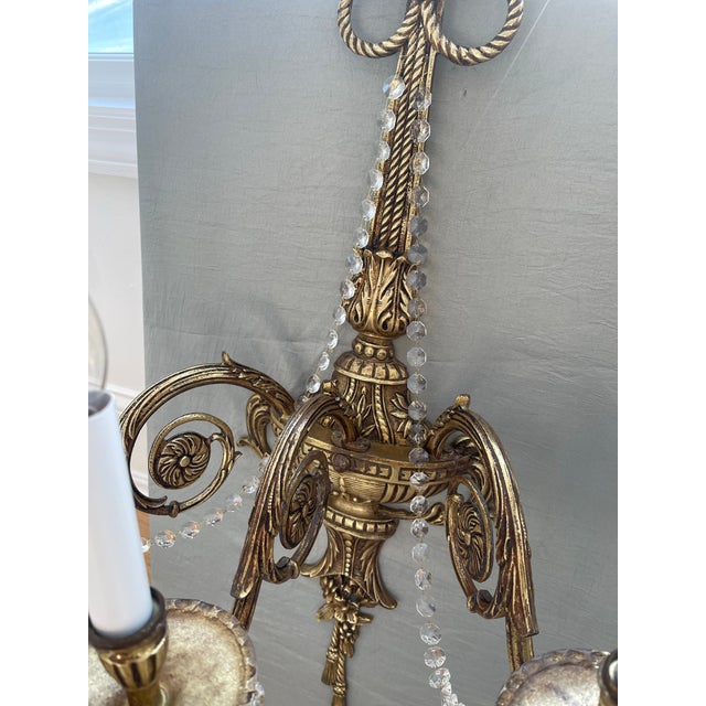 French Pair of Antique French Brass and Crystal Electric Sconces For Sale - Image 3 of 12
