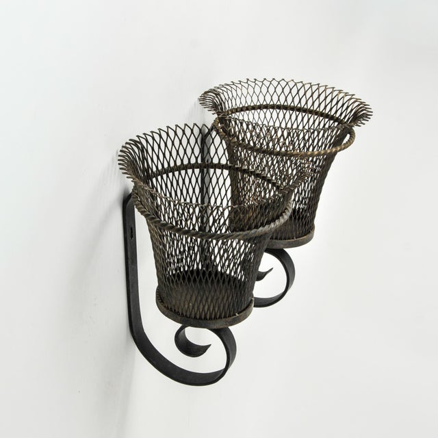 Metal Antique French Wire Basket Wall Mount Cachepot Pair For Sale - Image 7 of 14