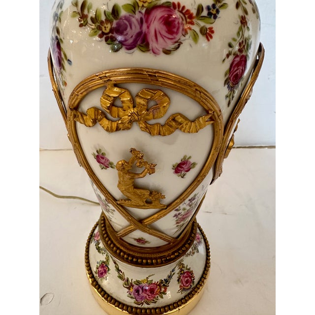 Vintage Porcelain Painted Table Lamps With Brass Overlays -A Pair For Sale - Image 10 of 12
