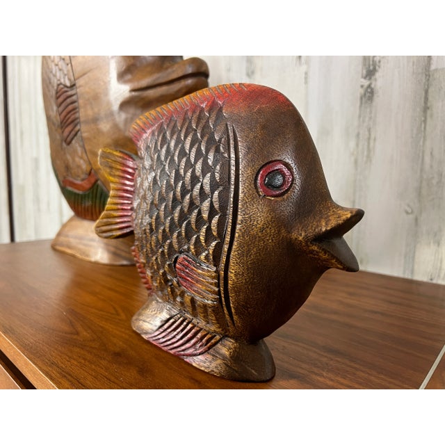 Brown Vintage Solid Wood Hand -Carved Koi Fish For Sale - Image 8 of 12