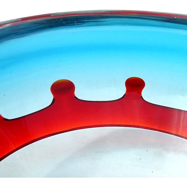 Fratelli Toso Murano Blue With Red Crown Decor Flower Millefiori Center Italian Vintage Art Glass Bowl Ashtray For Sale In Orlando - Image 6 of 10