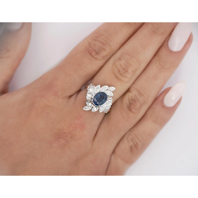 Natural 1.52 Carat Oval Blue Sapphire and Diamond Platinum Floral Ring For Sale - Image 9 of 9