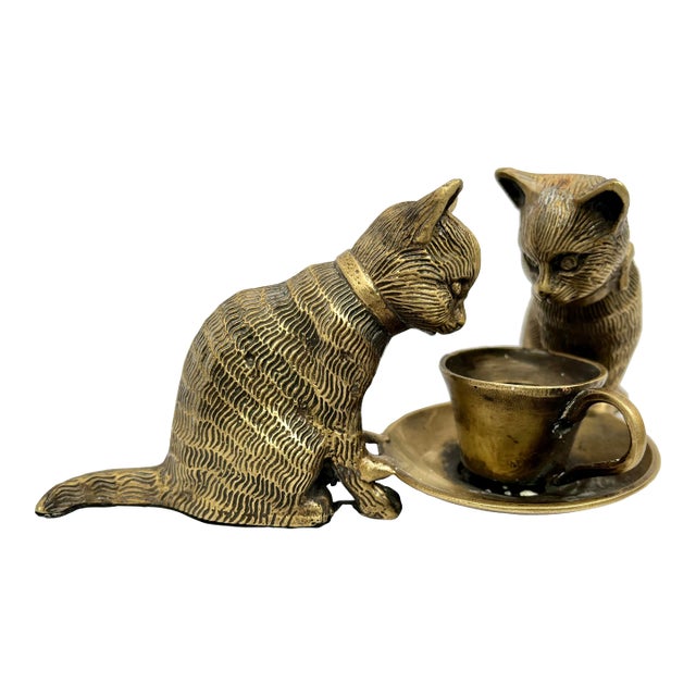 Mid 20th Century Vintage Bronze Cats With Cup Sculpture For Sale