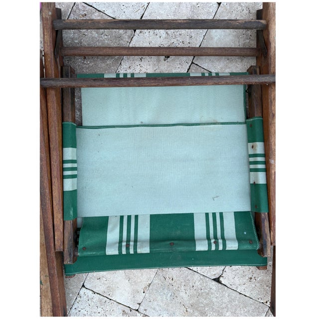 Mid 20th Century Folding Patio Chairs Pair – Stained Wood With Green & White Canvas, A Pair For Sale - Image 10 of 12