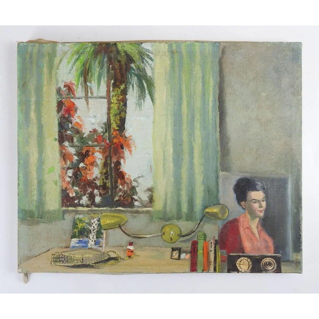 Vintage Mid Century Interior Setting and Palm Tree From Window Painting For Sale In Seattle - Image 6 of 8