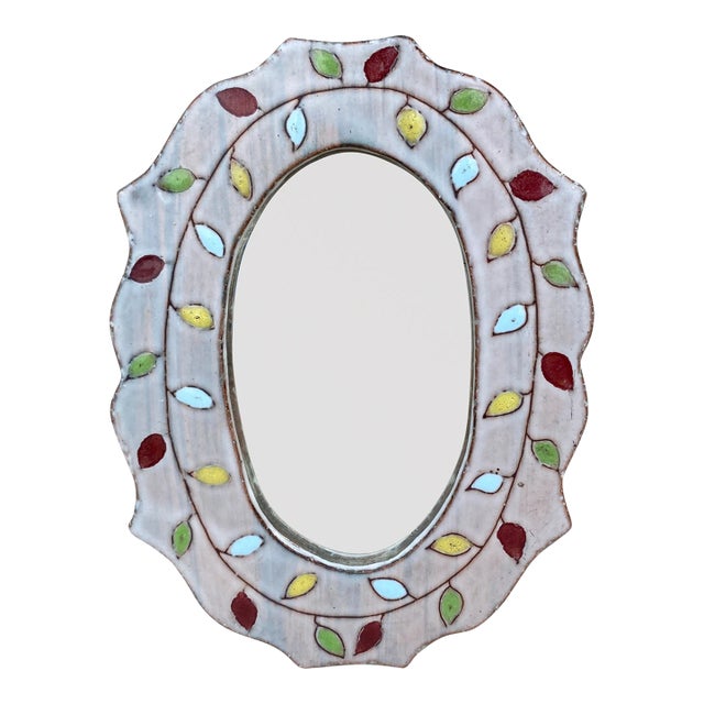 Mid-Century French Ceramic Leaves Oval Mirror For Sale