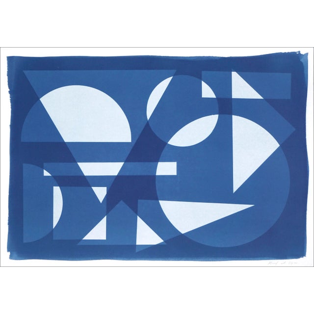 2022, Space Age Style Monotype " Futurist Transparent Shapes", Handmade Unique Cyanotype on Watercolor Paper For Sale - Image 9 of 9