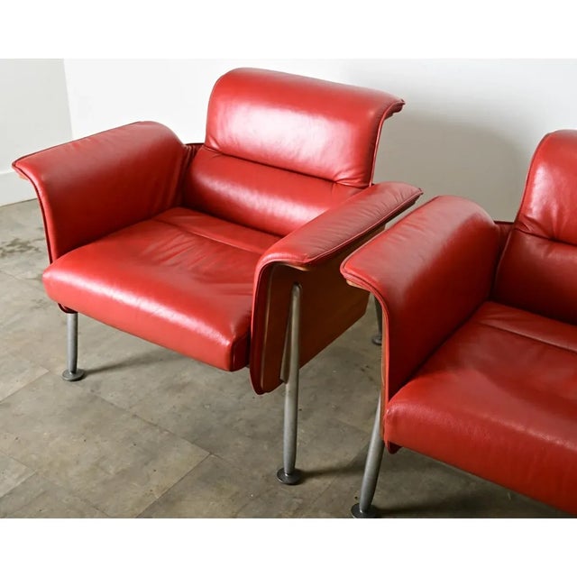 Wood Modern Pair of Red Leather Armchairs & Ottoman by Wilkhahn For Sale - Image 7 of 12