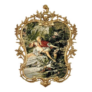 French Rococo Aristocratic Love Scene Artwork With Ornate Gold Leaf Frame For Sale