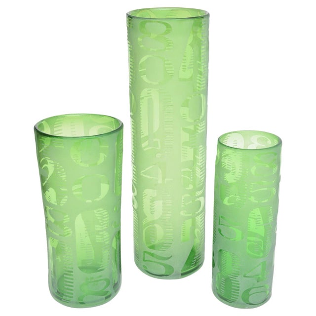 Vintage Frosted and Etched Numbered Light Green Glass Vases Graduated Sizes Set of 3 For Sale - Image 11 of 11