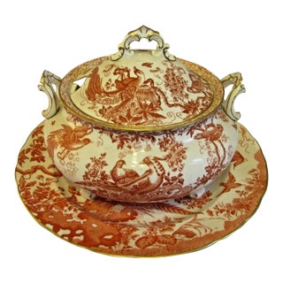 Antique 1937 Royal Crown Derby Red Aves Soup Tureen and Round Platter For Sale