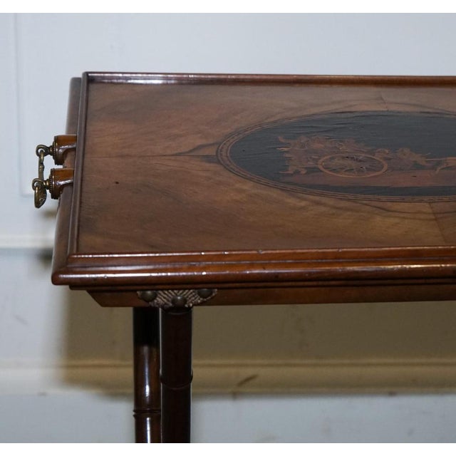 Victorian Double Sided Serving Tray on Bamboo Stand Brass Handles Marquetry Top For Sale - Image 4 of 18