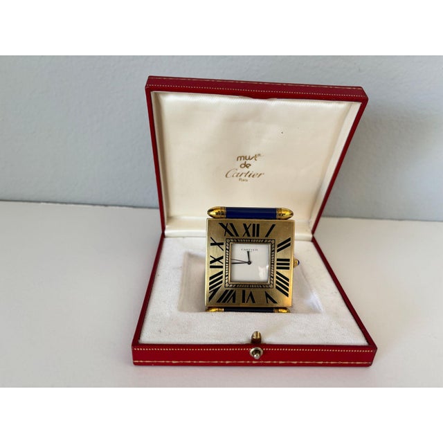 Late 20th Century Vintage Cartier Folding Travel Desk Clock Paris Gilt-Brass and Blue Enamel 1990 For Sale - Image 5 of 18