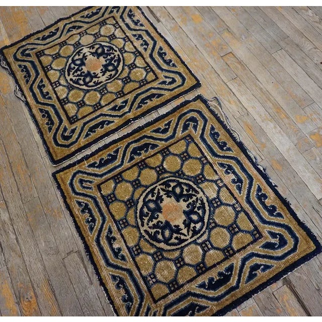 Chinese 1820s Blue Navy Geometric Pair of Antique Chinese Ningxia Rug 2'2" X 2'0" Knotted Pile Wool Carpets For Sale - Image 3 of 11
