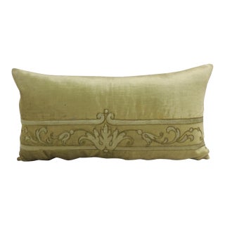 Antique Silk Velvet Olive Green Applique Decorative Long Bolster Pillow For Sale