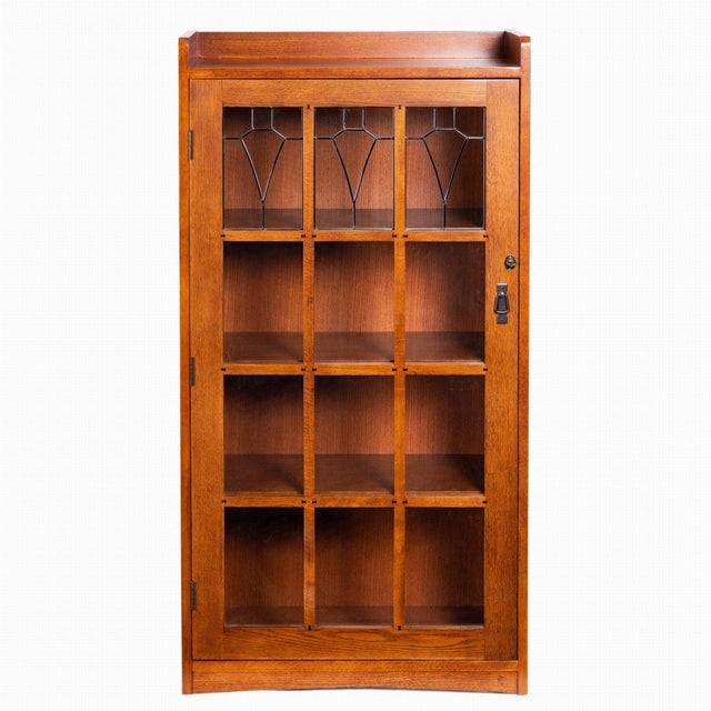 Mission Leaded Glass Bookcase With Lock & Key - Walnut For Sale - Image 14 of 17