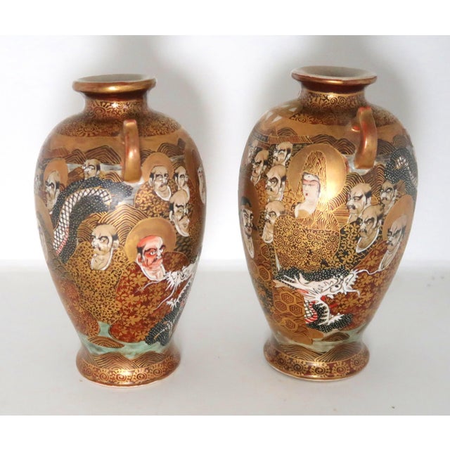 Gold Antique Japanese Signed Satsuma Porcelain Vases, Matched Pair With Double Handles, Faces and Dragon on Each For Sale - Image 8 of 10