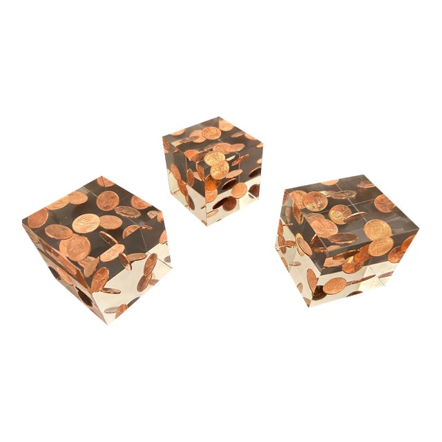 Penny Lucite Cubes - Set of 3 For Sale