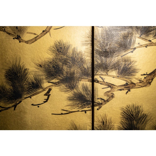 "Pine Tree" by Yukika, Late Showa Era Japanese Painted Byobu Screen For Sale - Image 10 of 18