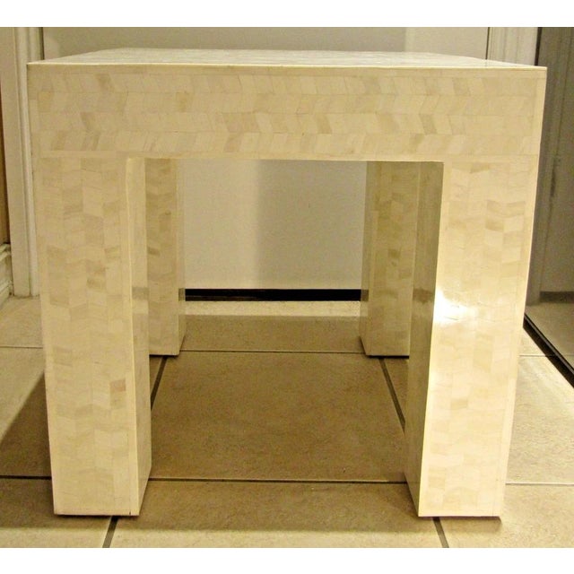 Wood Matched Pair Tessellated Bovine Bone Parsons Style End Tables Circa 1980s For Sale - Image 7 of 12